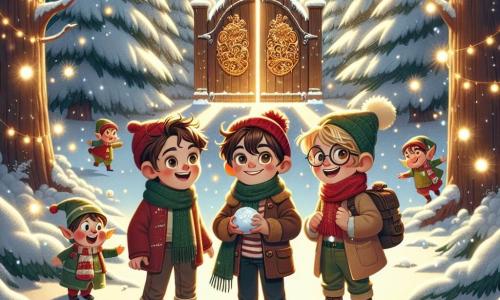 Trois garçons se tiennent dans une clairière enchantée illuminée par des étoiles. Louis, 12 ans, avec des cheveux bruns et un bonnet rouge, sourit. Maxime, 11 ans, aux cheveux blonds, lance une boule de neige en riant. Clément, 12 ans, aux cheveux châtains et lunettes rondes, admire une grande porte en bois ornée. La clairière est entourée d'arbres enneigés, créant une atmosphère magique. Les garçons participent à une bataille de boules de neige contre des lutins malicieux cachés derrière les arbres, remplissant la scène de joie et d'énergie festive.