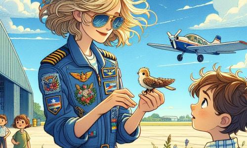 Claire, pilote d'avion, est au centre de l'image, souriante avec ses cheveux blonds au vent et ses lunettes de soleil. Elle porte une combinaison bleue avec des insignes colorés et tient un petit oiseau dans ses mains, affichant douceur et compassion. À ses côtés, Max, un garçon de 8 ans aux cheveux ébouriffés, regarde l'oiseau avec émerveillement, tandis que Julie, une fille de 7 ans aux cheveux bruns, se tient en retrait avec un air curieux. La scène se déroule sur une piste d'atterrissage ensoleillée, entourée de hangars et de verdure, avec un ciel bleu et quelques nuages. En arrière-plan, un petit avion est garé et des enfants observent la scène. Claire prend soin d'un oiseau blessé qu'elle a trouvé, captivant l'attention des enfants par son histoire et son amour pour les animaux.