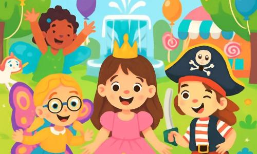Il y a quatre enfants : Chloé, une fille de 7 ans avec de longs cheveux bruns, portant un costume de princesse rose ; Lila, une fille de 6 ans avec des cheveux blonds en tresses, déguisée en papillon ; Emma, une fille de 7 ans avec des cheveux châtains, habillée en pirate ; et Zoé, une fille de 6 ans avec des cheveux bouclés, déguisée en fée. Elles se trouvent dans un parc coloré avec des ballons, des guirlandes et une fontaine. Les quatre amies cherchent des étoiles magiques cachées, entourées de fleurs et d'animaux, avec des expressions de joie et d'excitation.