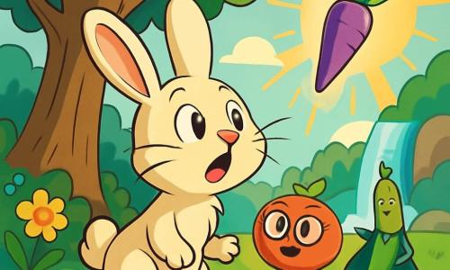 Un lapin curieux nommé Barnabé, au pelage crème et aux yeux pétillants, se tient au pied d'un grand arbre. Il observe avec émerveillement une carotte violette flottant dans les airs, illuminée par le soleil. À ses côtés, une tomate rouge avec des lunettes l'observe joyeusement, tandis qu'un haricot vert en cape, prêt à l'encourager, se tient en arrière. Ils se trouvent dans une clairière magique, entourée de fleurs colorées et d'une cascade scintillante, alors que Barnabé s'apprête à suivre la carotte vers une nouvelle aventure, soutenu par ses amis légumes.