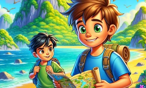 Tom, un garçon de 10 ans aux cheveux bruns en bataille et aux yeux curieux, se tient sur une plage dorée avec un sourire. Il porte un t-shirt bleu et un short kaki, avec un sac à dos d'exploration. À ses côtés, Kimo, également âgé de 10 ans, a les cheveux noirs et la peau bronzée, et observe une carte au trésor, concentré, vêtu d'un débardeur vert et de shorts en jean. En arrière-plan, l'île aux Mystères se dresse avec des palmiers et des montagnes verdoyantes. La mer scintille sous le soleil, et des oiseaux colorés volent dans le ciel. Tom et Kimo examinent la carte, prêts pour leur aventure au cœur de la beauté sauvage de l'île.