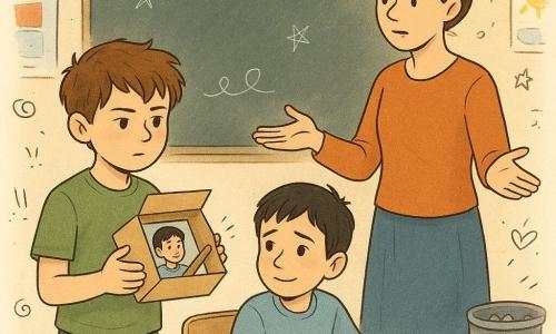 Léo, 10 ans, visage sérieux, tient une petite boîte ouverte contenant une photo et un morceau de craie grise pailletée et la montre à la maîtresse ; Milo, 10 ans, timide et soulagé, joue avec l’ourlet de sa manche assis à côté de Léo, regardant la maîtresse avec un léger sourire triste ; Tom, 10 ans, coupable et penaud, se tient près de la poubelle de la classe, la tête baissée ; la maîtresse (30–40 ans) a le regard calme, cheveux attachés, bras ouverts dans un geste d’écoute ; salle de classe lumineuse avec tableau noir aux traces de craie scintillante, tables en bois, posters colorés et poubelle métallique contenant des petits morceaux brillants ; scène principale : Léo présente des indices pour défendre Milo, Tom paraît regretter, atmosphère mêlant tension apaisée et espoir ; style graphique aux couleurs chaudes et pastel, traits doux, textures papier et petits doodles subtils pour renforcer les émotions.