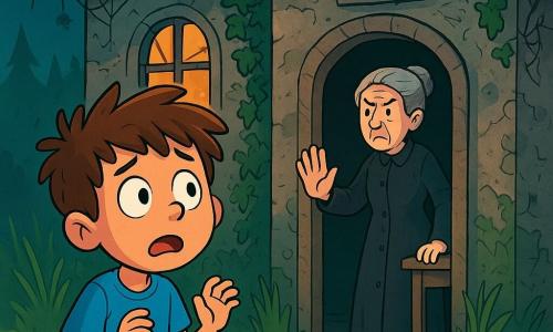 Un garçon de 8 ans nommé Hugo, avec des cheveux bruns en bataille et des yeux écarquillés de peur, se tient devant une vieille maison hantée. Il est en t-shirt bleu et short beige, ses mains tremblent légèrement alors qu'il observe la maison avec curiosité et appréhension. À l'intérieur, une vieille femme ridée, d'environ 70 ans, avec des cheveux gris en chignon et un long manteau noir, le regarde avec inquiétude, prête à l'avertir du danger. La maison abandonnée a des murs décrépits recouverts de lierre et des fenêtres brisées laissant passer une lumière blafarde. Des toiles d'araignées pendent et l'herbe est haute autour, créant une atmosphère mystérieuse. Hugo, hésitant, se tient devant la porte d'entrée, prêt à entrer, tandis que la vieille femme semble vouloir l'en dissuader.