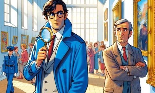 Un détective, Louis Dupont, est au centre de l'image, portant un trench-coat bleu vif et des lunettes rondes, scrutant un cadre doré vide avec une loupe. À côté de lui, Monsieur Martin, un homme d'âge moyen aux cheveux grisonnants et en veste de tweed, observe le tableau disparu, les bras croisés, affichant une expression de soulagement mêlée d'angoisse. En arrière-plan, une salle de musée lumineuse avec des murs blancs et de grandes fenêtres est remplie de visiteurs curieux et d'œuvres d'art colorées. Louis examine le cadre vide tandis que Monsieur Martin explique la situation, créant une atmosphère de mystère avec des morceaux de verre scintillants sur le sol et des visiteurs intrigués.