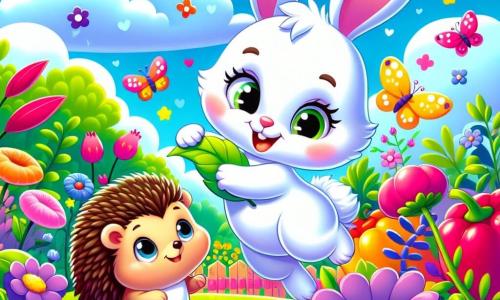 Lila, une petite lapine au pelage blanc et aux yeux curieux, saute joyeusement dans un jardin coloré. Elle sourit, pleine d'enthousiasme, tandis que Max le hérisson, avec son dos piquant et ses yeux malicieux, l'observe en tenant une feuille. Le jardin est rempli de fleurs roses, jaunes et violettes, de légumes verts brillants et de papillons colorés. La scène est joyeuse et dynamique, avec Lila et Max qui plantent des graines et construisent des abris pour les insectes sous un ciel bleu clair parsemé de nuages.