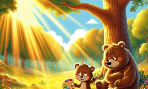 Oscar, un jeune ours brun joyeux, est assis sous un chêne, entouré de fleurs, tenant une palette de peinture et un pinceau. Il peint un paysage forestier avec émerveillement. Sa maman, Marguerite, une ourse douce au pelage crème, l'observe avec fierté. Ils se trouvent dans une clairière ensoleillée, où la lumière dorée met en valeur la beauté de la nature, soulignant l'importance de se déconnecter des écrans pour apprécier le monde réel.