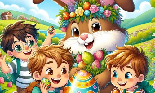 Trois garçons de huit ans se tiennent joyeusement dans la cour de la Ferme Joyeuse. Antoine, avec des cheveux bruns et des lunettes rondes, sourit en tenant un grand œuf en chocolat coloré. À côté de lui, Jules, aux cheveux blonds, pointe un œuf en or caché dans l'herbe. Lucas, avec des cheveux châtains et un t-shirt rayé, s'accroupit pour ramasser un œuf en chocolat. La scène se déroule dans une prairie verdoyante, entourée de champs fleuris et de collines sous un ciel bleu clair. Un immense lapin de paille décoré de fleurs et de rubans ajoute une touche de magie. Les garçons sont en pleine chasse aux œufs de Pâques, riant et s'amusant, tandis que Charlie, le lapin de la ferme, les observe avec un regard malicieux.