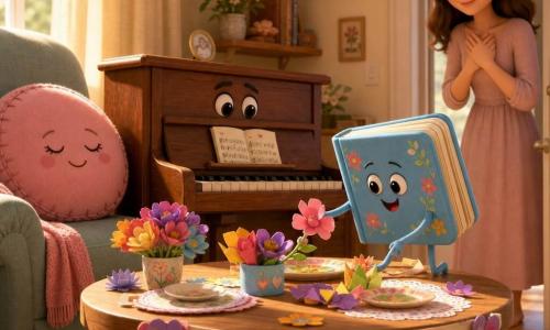 Un petit livre cartonné bleu ciel aux coins arrondis, yeux ronds et sourire malicieux, ajuste une fleur en papier sur une table basse tandis qu'un petit piano en bois brun aux touches nacrées semble jouer, un coussin rose souriant observe depuis le canapé et une maman aux cheveux châtains, émue, découvre la scène dans l'embrasure; salon chaleureux aux tons pastel, parquet clair, rideaux crème laissant passer un rayon de soleil, table ronde dressée avec assiettes colorées et bouquets de fleurs en papier pour une fête des mères intime et joyeuse.