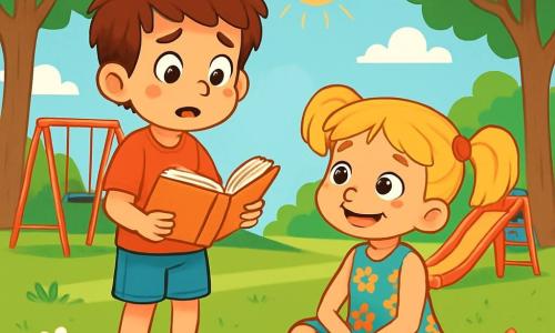 Léo, un garçon de 7 ans aux cheveux bruns en bataille et aux yeux pétillants, porte un t-shirt rouge et un short bleu. Il est debout, nerveux, avec un livre ouvert. Mia, une fille de 7 ans avec des couettes blondes et un grand sourire, est assise sur l'herbe dans une robe à fleurs colorées et des sandales. La scène se déroule dans une cour de récréation ensoleillée, entourée d'arbres verdoyants et de jeux colorés. Léo avoue à Mia qu'il a inventé une histoire au lieu de lire, semblant inquiet, tandis que Mia l'écoute attentivement, prête à le soutenir. Les rayons du soleil illuminent leurs visages, créant une atmosphère chaleureuse.