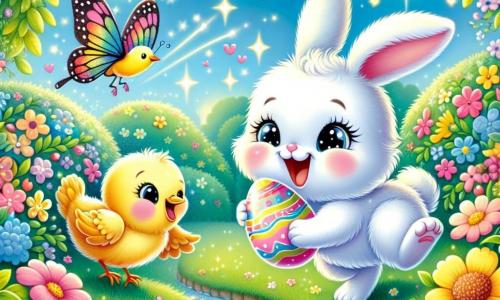Dans un jardin enchanté, un petit lapin blanc nommé Loulou découvre un œuf de Pâques brillant sous un buisson. Un papillon coloré virevolte autour de lui, tandis qu'un petit oiseau jaune chante sur une branche. Le jardin est rempli de fleurs éclatantes et un ruisseau scintillant ajoute une touche de magie. Loulou, enthousiaste, se penche pour ramasser l'œuf, entouré de ses amis, dans une ambiance festive prête à célébrer Pâques.