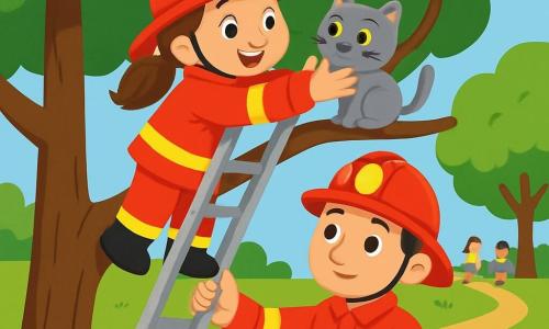 Une jeune femme pompier, Lila, est sur une échelle, souriante. Elle porte une veste rouge, un casque et des bottes noires, avec les cheveux en queue de cheval. Elle essaie de prendre un petit chat gris, Grisou, perché sur une branche, qui a l'air effrayé. En bas de l'échelle, Max, un pompier d'une trentaine d'années, la regarde avec attention, tenant l'échelle. La scène se déroule dans un parc verdoyant sous un ciel bleu, avec des enfants jouant au loin. Lila parle tendrement à Grisou, tandis que Max veille sur elle, illustrant l'esprit d'équipe des pompiers.