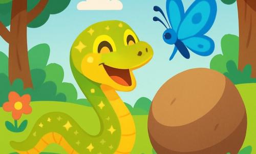 Un serpent joyeux nommé Sif, aux écailles brillantes, glisse sur l'herbe avec un grand sourire. À côté de lui, un papillon bleu vole en tournoyant, ses ailes capturant la lumière du soleil. Ils se trouvent dans un jardin enchanté, rempli de fleurs colorées, de grands arbres et d'un ciel bleu clair. Sif chante pour déplacer un rocher qui bloque son chemin, tandis que le papillon l'encourage, créant une atmosphère de magie et d'amitié.
