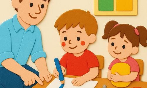 Un instituteur accroupi, visage doux et souriant, cheveux bruns courts, chemise claire à manches retroussées, montre à Léo, 5 ans, cheveux châtain clair et taches de peinture sur les joues, comment tracer un L avec un gros crayon bleu; Léo, concentré et soulagé, trace la lettre sur une feuille posée sur une table en bois. À côté, une fillette de 4 ans aux yeux pétillants et couettes serre un coussin jaune en souriant et l'encourage. La classe, chaleureuse et colorée, présente une porte bleue, une étagère de livres colorés, des coussins jaunes et rouges, une grande affiche multicolore et une petite cloche argentée; l'atmosphère est calme et bienveillante, gestes lents et clairs, textures épaisses et mates, contours simples et couleurs pleines.