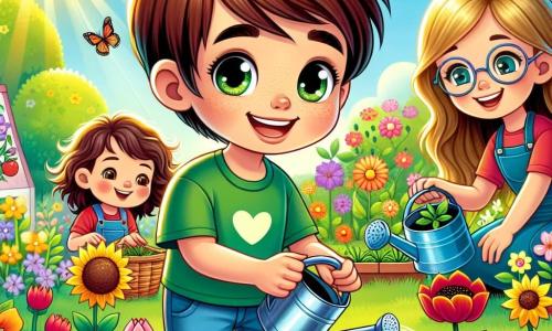 Lucas, un garçon de 12 ans aux cheveux châtains et aux yeux curieux, plante des graines de fleurs dans un jardin ensoleillé. Il porte un t-shirt vert et un short bleu, affichant une grande joie. À ses côtés, sa meilleure amie Clara, 11 ans, avec des cheveux blonds et des lunettes, arrose les jeunes pousses avec un arrosoir coloré, souriante. En arrière-plan, la mère de Lucas, souriante et aux cheveux bruns, les observe fièrement avec un panier de graines. Le jardin est coloré, avec des tulipes et des tournesols, et des papillons volent autour des fleurs. La scène illustre Lucas et Clara s'occupant de leur jardin, symbolisant le printemps et la magie de la nature.
