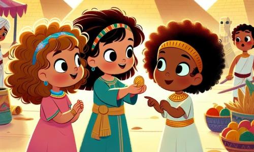 Trois amies inséparables, Léa, Zoé et Mia, toutes âgées de trois ans, se trouvent dans un marché animé de l'Égypte ancienne. Léa, aux cheveux bouclés et bruns, porte une robe rose et tient un médaillon. Zoé, aux cheveux blonds et lisses, est vêtue d'une tunique bleue et admire les pyramides. Mia, aux cheveux châtains et frisés, habillée d'une robe verte, pointe un garçon égyptien qui leur demande de l'aide. Les pyramides scintillent sous le soleil, entourées d'étals de fruits exotiques et d'enfants jouant dans le sable. Les trois amies discutent avec le garçon, qui leur explique que le Nil a besoin d'eau pour nourrir les champs, leurs visages reflétant enthousiasme et détermination pour résoudre ce mystère.