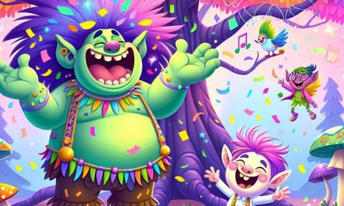 Un troll nommé Trompette, grand et costaud avec une peau verte brillante et des cheveux violets en désordre, se tient au centre de la scène avec un grand sourire et des larmes de confettis sur les joues. À côté, un petit lutin nommé Zouzou, avec des cheveux rose barbe à papa et des chaussures qui couinent, saute de joie en agitant les bras, son visage rayonnant d'excitation. La scène se déroule devant le Grand Arbre Arc-en-Ciel, immense et coloré, couvert de plumes et de petits oiseaux farceurs qui chantent et dansent. Le sol est parsemé de champignons musicaux émettant des notes joyeuses. Trompette et Zouzou rient ensemble, prêts à raconter une blague, créant une atmosphère de fête et de bonheur dans cette forêt magique.
