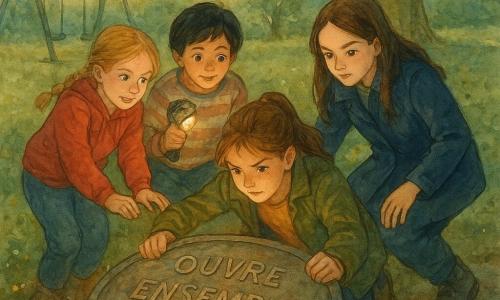 Quatre filles dans un parc au crépuscule soulèvent ensemble une lourde trappe métallique gravée «OUVRE ENSEMBLE» : Lina (~11 ans) châtain en queue de cheval, veste kaki, à genoux devant la trappe, visage concentré baigné d’une lumière dorée ; Maya (~11 ans) cheveux courts noirs, pull rayé, à gauche avec une petite lampe et un carnet, regard curieux ; Inès (~12 ans) cheveux longs bruns, manteau bleu marine, à droite, posture méthodique et sérieuse ; Zoé (~10 ans) blonde en tresse, sweat rouge, en arrière gauche, poussant avec énergie, sourire maladroit. Le lieu : parc ancien au bord d’un petit bassin avec un grand chêne et des balançoires grinçantes, sol en pierre usée autour d’une plaque métallique ronde dont la poignée en forme de feuille de menthe brille légèrement. La trappe, métal froid et usé avec peinture fissurée et rouille, laisse échapper un halo de lumière dorée et poussiéreuse révélant des éclats de verre colorés dans le tunnel ; ambiance d’aventure collective, palette douce de verts, ocres et dorés et senteur de menthe.