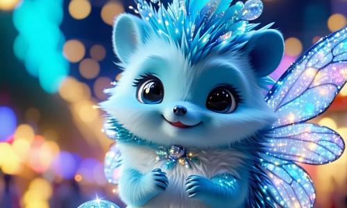 Frimousse, une boule de poils turquoise, est au centre de la scène, rayonnante de joie. Ses grands yeux brillent sous les lumières du carnaval, tandis qu'elle porte un costume magique changeant de couleur. À ses côtés, Grignote, une créature mi-papillon, mi-hérisson avec des ailes multicolores et un tutu flamboyant, sourit avec enthousiasme. Le décor est une clairière enchantée avec des arbres chatoyants, des rubans scintillants et des lanternes flottantes. Des confettis tombent du ciel, tandis qu'un groupe de créatures joyeuses défile en arrière-plan. Frimousse et Grignote, entourées de leurs amis, préparent leur costume magique pour le grand défilé du carnaval, avec des éclats de rire et des couleurs éclatantes.