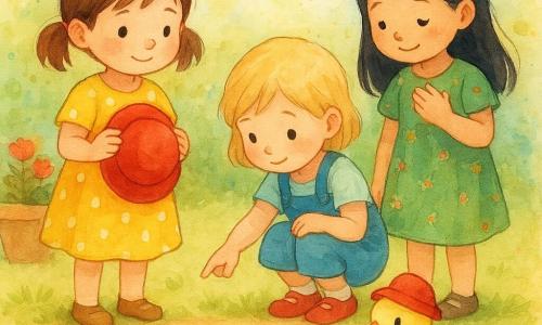 Quatre personnages dans un jardin lumineux : Lili, 3 ans, cheveux bruns en couettes, robe jaune à pois blancs, debout à gauche avec un chapeau rouge brillant; Maé, 3 ans, cheveux blonds courts, salopette en jean et chaussures rouges, accroupie au centre, pointant une petite balle bleue; Noor, 3 ans, cheveux noirs lisses, robe verte à fleurs, à droite, main sur le cœur, regardant doucement le canard; et un petit canard rond au plumage jaune pâle et bec orange, portant encore un petit chapeau rouge un peu mouillé et jouant avec la balle bleue au bord d’un petit étang. Le jardin est simple et doux : herbe verte, bac à sable beige, pot de fleurs rouges, étang brillant aux reflets bleus et verts, ciel clair aux touches aquarelle, textures floues et contours doux. Scène centrée, joyeuse et tendre : les trois petites détectives retrouvent le chapeau rouge sur le canard et lui offrent la balle bleue en échange, expressions bienveillantes, couleurs chaudes et ambiance ludique.