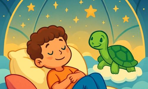Léo, un garçon de 8 ans aux cheveux châtains et bouclés, est allongé sur un oreiller géant avec un sourire serein, les yeux fermés. À côté de lui, une tortue souriante sur un coussin de nuage l'observe. Ils se trouvent dans un dôme magique aux parois transparentes, éclairé par une lumière dorée et orné d'étoiles scintillantes, créant une ambiance apaisante. Léo se détend dans un cocon de calme, prêt à s'endormir paisiblement dans un monde de rêves enchantés.