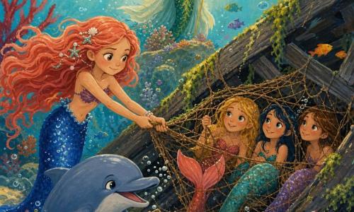 Léna, jeune sirène aux longs cheveux corail et à la queue bleu profond scintillante, tire sur un filet brun accroché à une poutre pour libérer une queue prise dans des débris ; Finn, dauphin malicieux, à ses côtés sourit et s'apprête à aider, éclaboussures et bulles autour de lui ; trois autres sirènes prisonnières ont leurs queues colorées emmêlées dans le filet, visages soulagés tournés vers Léna ; la reine des sirènes, sur un corail élevé portant une couronne d'algues scintillantes, observe fière la scène ; l'épave, couverte d'algues et de planches brisées, entourée de poissons et coraux rouges et violets, est éclairée par des rayons de soleil filtrant dans l'eau turquoise — un sauvetage tendre et dynamique avec lumière douce, bulles et textures peintes, palette vive et chaleureuse.