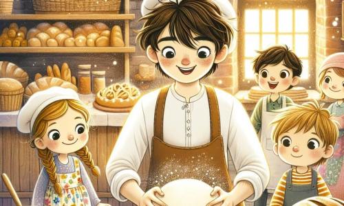 Lucas, un jeune homme souriant aux yeux pétillants, se trouve au centre d'une boulangerie. Avec des cheveux châtains en désordre et un tablier blanc plein de farine, il pétrit une boule de pâte avec enthousiasme, riant joyeusement. À ses côtés, Clara, une petite fille de 8 ans aux cheveux blonds tressés et en robe colorée, observe émerveillée, tenant une cuillère en bois. Tom, un garçon de 7 ans avec des cheveux bruns en bataille et un t-shirt rayé, s'approche avec un cochon en pâte qu'il a façonné, affichant un grand sourire. La boulangerie, chaleureuse avec ses murs en briques rouges et ses étagères de pains et gâteaux colorés, est illuminée par une lumière douce. Lucas et les enfants partagent des moments joyeux en préparant des pains en forme d'animaux et un gâteau au chocolat, remplissant l'endroit de bonheur et de créativité.