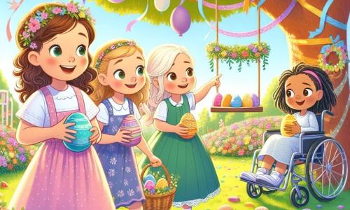 Quatre amies de neuf ans se tiennent dans un jardin ensoleillé. Chloé, avec des cheveux bruns bouclés et une robe rose à pois, sourit en tenant un œuf coloré. À côté d'elle, Léa, aux cheveux blonds tressés et vêtue d'une tunique bleue, pointe un buisson fleuri. Emma, avec des cheveux châtains et une robe verte, s'accroupit pour examiner un œuf caché sous une balançoire. Enfin, Sarah, aux cheveux noirs et en fauteuil roulant, tient un œuf doré et regarde ses amies avec un grand sourire. Le jardin est rempli de fleurs colorées, de guirlandes de papier et de ballons, créant une atmosphère festive. Les quatre amies sont en pleine chasse aux œufs de Pâques, cherchant des œufs cachés tout en riant et en s'amusant.