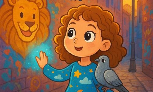 Une petite fille de 6 ans, nommée Rêve-clair, se tient au centre de l'image, avec de grands yeux brillants et des cheveux bouclés. Elle porte une robe colorée ornée de motifs de nuages et d'étoiles, et son visage exprime une curiosité émerveillée. À ses côtés, un pigeon argenté se perche sur son épaule, tandis qu'un vieux pigeon vole au-dessus d'eux, semblant la guider vers une aventure magique. Le décor est une ruelle étroite avec des murs recouverts de graffitis colorés, dont un lion doré souriant. Rêve-clair lève une main vers le lion, une lueur bleue émanant de ses paumes, tandis que les pigeons volent autour d'elle, créant un tourbillon de couleurs et de magie.