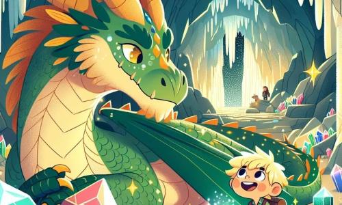 Un dragon majestueux aux écailles vertes et dorées, Émeraude, se tient au centre de la caverne, souriant chaleureusement avec des yeux brillants de sagesse. Allongé sur un lit de cristaux scintillants, il est entouré de pierres précieuses qui reflètent la lumière. À ses côtés, un jeune garçon nommé Léo, âgé d'environ 10 ans, aux cheveux dorés et aux yeux pétillants d'excitation, admire le dragon tout en tenant un petit sac à dos rempli de provisions. La caverne est vaste et lumineuse, avec des murs en pierre brillante et des stalactites ressemblant à des gouttes de cristal. Léo pose une question au dragon, l'air déterminé, tandis qu'Émeraude lui répond avec bienveillance, prêt à lui révéler le chemin vers le bijou magique.