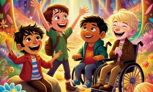 Dans une forêt enchantée, quatre amis, Max, Léo, Tom et Sam, se tiennent ensemble. Max, 10 ans, est sur un rocher, bras levés, tandis que Léo, 9 ans, rit en tenant des bonbons. Tom, 8 ans, avec des lunettes, raconte une blague, et Sam, 7 ans en fauteuil roulant, rit joyeusement. La forêt est magique avec des arbres multicolores, des fleurs lumineuses et des rayons de soleil créant une ambiance joyeuse. Ils sont en quête d'une noix dorée perdue, poursuivant un écureuil pirate, dans une aventure pleine de magie et d’amitié.
