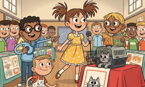 Zoé, 8 ans, rayonnante en robe jaune à pois, tient un micro; Hugo, 8 ans, lunettes, montre un grand stéthoscope bleu à gauche; Léa, 8 ans, tresse blonde et lunettes, tient un livre illustré à droite; Max, 8 ans, malicieux, accroupi, porte un tablier peint et présente une affiche avec un chat; le chat gris Moustache est curieux dans une cage ouverte sur la table; la salle de sport transformée en exposition avec parquet, banderoles et tables, sert de décor à leur stand joyeux sur le métier de vétérinaire.