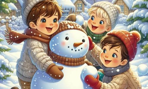 Trois petits garçons de quatre ans, Léo, Tom et Hugo, jouent dans un jardin enneigé. Léo roule une boule de neige pour le corps d'un bonhomme de neige, Tom rit en tenant une boule pour la tête, et Hugo cherche des branches pour les bras. Ils sont entourés de flocons de neige tombant doucement. Le jardin est féerique, recouvert de neige scintillante, avec des arbres chargés de neige et un ciel bleu clair. Les amis construisent un bonhomme de neige, riant et s'encourageant dans une ambiance joyeuse.
