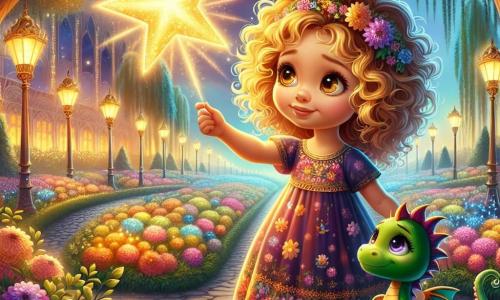 Lila, une petite fille de 6 ans aux cheveux bouclés et dorés, se tient courageusement devant une grande étoile scintillante dans un parc magique. Vêtue d'une robe colorée à motifs de fleurs et affichant un sourire déterminé, elle est prête à affronter une ombre menaçante. À ses côtés, Flamme, un petit dragon vert aux écailles brillantes, s'apprête à cracher un souffle de feu pour repousser les ombres. Le parc, rempli de fleurs éclatantes et d'arbres majestueux aux feuilles dorées, est menacé par des ombres sombres. Lila lève les bras vers l'étoile, tandis que Flamme se prépare à libérer sa magie pour sauver leur monde.