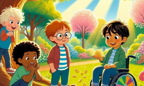 Dans un parc ensoleillé, quatre amis se tiennent sous un grand chêne. Léo, 8 ans, aux cheveux bouclés, regarde un hamster qui grignote des biscuits. Max, 9 ans, avec des lunettes, tient un papier. Tom, costaud et souriant, examine des miettes au sol. Jules, 9 ans, timide, est assis dans son fauteuil roulant magique, observant la scène. Le parc est coloré avec des fleurs et des cerisiers en fleurs. Les amis réalisent que le goûter de Léo a disparu et mènent une enquête amusante pour retrouver leur collation, rencontrant Poufi, le hamster aventurier.
