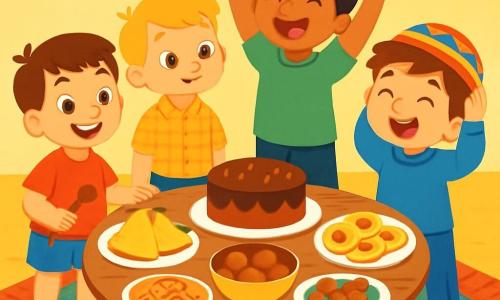 Quatre enfants partagent un goûter autour d'une grande table ronde remplie de plats colorés. Timéo, 6 ans, sourit avec une cuillère en bois, Lucas, 5 ans, regarde un gâteau avec curiosité, Amir, 7 ans, chante en levant les bras, et Samir, 6 ans, rit en essayant un chapeau coloré. En arrière-plan, des drapeaux de différentes cultures flottent et des tapis colorés sont au sol. Ils célèbrent leur amitié et la diversité à travers des mets variés.