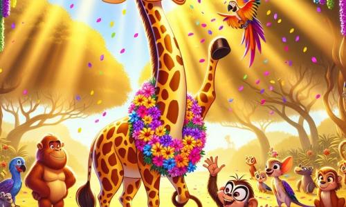 Gina, une girafe joyeuse au long cou tacheté, se tient au centre d'une clairière colorée, entourée de fleurs éclatantes. Elle sourit en levant une patte pour inviter ses amis à se joindre à elle. À sa droite, Barnabé le singe, espiègle et malicieux, fait des grimaces pour amuser les autres animaux. À gauche, Lula la perruche, avec ses plumes multicolores, vole en lançant des confettis de fleurs. La clairière est baignée de lumière dorée, avec des arbres majestueux en arrière-plan et des animaux de la jungle riant ensemble. La scène capture l'excitation d'une fête inoubliable, pleine de rires et de camaraderie.