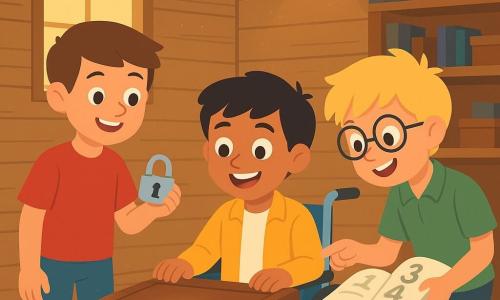 Trois garçons dans un grenier lumineux : Tom (environ 10 ans) à gauche du coffre, souriant et tenant un cadenas ouvert ; Lucas (environ 10 ans) au centre en fauteuil roulant, mains sur le couvercle et visage enthousiaste ; Max (environ 9 ans) à droite, penché et montrant une page de livre avec des chiffres ; un coffre en bois massif entrouvert laisse échapper une lueur douce, ambiance chaleureuse avec rayon de soleil, poussière scintillante, étagères anciennes et formes simples aux couleurs vives.