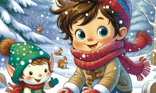 Léo, un petit garçon de 3 ans aux cheveux bruns en bataille et aux yeux curieux, joue dans la neige. Il porte une écharpe rouge, un bonnet bleu et des gants doux, souriant en levant les bras pour attraper des flocons. À ses côtés, Lumie, un lutin des neiges rond avec un bonnet vert et des oreilles pointues, montre à Léo comment ramasser des pommes de pin pour les écureuils. La scène se déroule dans une forêt enchantée, où la neige scintille sur les arbres et le sol. Léo et Lumie ramassent des pommes de pin et préparent des abris de neige pour les animaux, illustrant leur collaboration pour aider la nature en hiver.