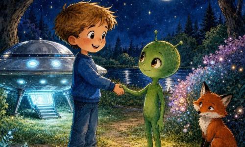 Un garçon de 6 ans, visage rond, cheveux châtain clair en bataille, yeux grands et brillants, en pull bleu et jean, tend la main en souriant vers un petit extraterrestre enfantin à la peau vert herbe, yeux ambre, antennes courtes, qui prend sa main en inclinant la tête avec bienveillance; un renard roux aux yeux malicieux est assis près d’un buisson lumineux, une soucoupe volante argentée émettant une douce lueur bleutée est posée derrière eux, et la poignée de main, éclairée par la soucoupe et la lune pleine, se déroule dans un parc nocturne d’herbe mouillée, sentiers de terre, grands arbres aux branches noires et buissons aux lueurs pastel, près d’un petit lac miroitant sous un ciel étoilé; style : traits à l’encre noire prononcés, aplats d’aquarelle douce et textures granuleuses pour l’herbe et le ciel.