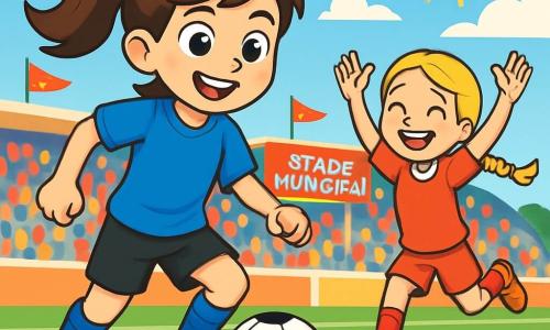 Lila, une jeune fille de 12 ans, se tient au centre de l'image, avec des cheveux bruns en queue de cheval et un sourire radieux. Elle porte un maillot bleu vif, un short noir et des crampons, prête à dribbler le ballon. Ses yeux brillent d'excitation et de détermination. À côté d'elle, Joy, également âgée de 12 ans, court sur le terrain avec des cheveux blonds tressés et un maillot rouge, levant les bras pour recevoir la passe de Lila, affichant un sourire complice. En arrière-plan, le stade municipal est rempli de spectateurs, avec des gradins colorés et des drapeaux flottants. Le ciel est bleu avec quelques nuages et le soleil brille sur le terrain vert, créant une ambiance joyeuse. Lila réalise un contrôle orienté du ballon avec agilité, tandis que Joy se prépare à recevoir la passe, symbolisant l'esprit d'équipe et la passion du football.
