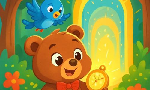 Un petit ours brun nommé Oscar, curieux et souriant, se tient devant un portail magique lumineux. Il est rond et moelleux, avec un petit nœud rouge autour du cou, regardant avec excitation la montre brillante dans ses pattes. À ses côtés, un oiseau bleu vif nommé Lila vole joyeusement, prête à l'accompagner. La scène se déroule dans une forêt enchantée, avec des arbres majestueux et des fleurs multicolores. Oscar, à la fois excité et émerveillé, s'apprête à franchir le portail magique pour découvrir un monde d'aventures incroyables.