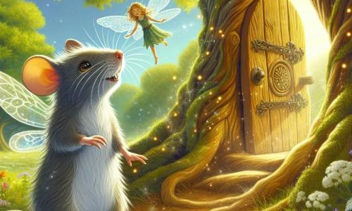 Un petit rat nommé Rémi, avec un pelage gris argenté et des yeux curieux, se tient devant une porte sculptée dans un vieux chêne. Il semble excité à l'idée de découvrir le monde magique derrière la porte. À ses côtés, une petite fée nommée Lila, aux ailes scintillantes et à la robe colorée, flotte joyeusement, souriant bienveillant. Ils se trouvent dans une clairière ensoleillée, entourée d'arbres luxuriants et de fleurs éclatantes, où la lumière crée un jeu d'ombres enchanteur. Rémi, le cœur battant, est prêt à ouvrir la porte, tandis que Lila l'observe avec anticipation.