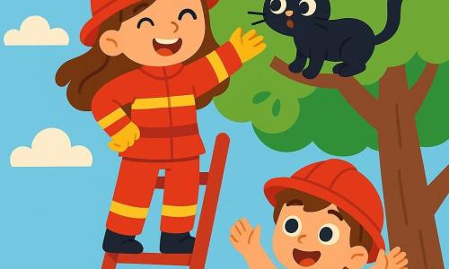 Une pompierette courageuse, Camille, se tient fièrement en haut d'une échelle rouge, souriante. Elle porte un uniforme rouge, un casque brillant avec un petit soleil doré, et ses longs cheveux bruns flottent au vent. À côté d'elle, Lucas, un petit garçon de 6 ans aux grands yeux curieux, applaudit avec enthousiasme, portant une casquette de pompier. La scène se déroule devant un grand arbre majestueux où un petit chat noir est perché, miaulant doucement. Le ciel est bleu et ensoleillé avec quelques nuages. Camille sauve le petit chat coincé dans l'arbre, tandis que Lucas l'observe avec admiration.