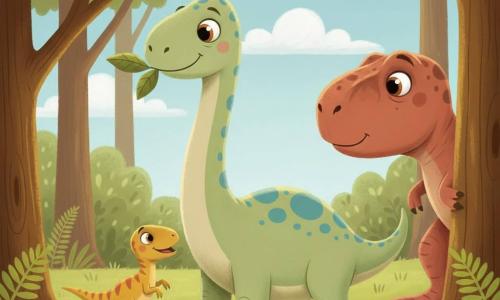 Un diplodocus souriant et doux, grand, peau vert pâle tachetée de bleu, grands yeux ronds, long cou courbé mangeant de grandes feuilles, au centre; un petit vélociraptor vif et joyeux jaune moutarde à rayures orange, près de ses pattes comme pour l'inviter à jouer; un tyrannosaure rouge brique un peu triste mais attendri, caché derrière un tronc à droite (seule la tête et une patte visibles); clairière ensoleillée de forêt préhistorique avec herbe verte, fougères, troncs épais et ciel bleu avec nuages; scène de cache-cache chaleureuse, couleurs vives, formes rondes, texture gouache visible, composition centrée sur le diplodocus pour évoquer douceur et amitié.