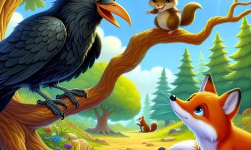 Un corbeau nommé Noiraud, avec un plumage noir et des yeux curieux, se tient sur une branche d'un grand chêne, affichant une expression déterminée. À ses côtés, une petite souris brune aux grands yeux ronds et un renard à la fourrure rousse, la queue frétillante, l'écoutent au sol. La scène se déroule dans une clairière ensoleillée, entourée d'arbres majestueux et de fleurs colorées. Noiraud explique à ses amis qu'ils doivent trouver l'Élixir de Vie pour sauver le grand chêne dont les feuilles jaunissent, créant une atmosphère magique et pleine d'espoir.