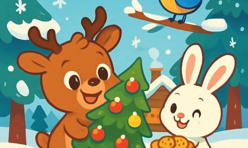 Un petit renne au pelage brun et aux grands yeux joyeux sourit en portant un sapin décoré de boules rouges et dorées. À côté, un lapin aux grandes oreilles blanches, joyeux, tient une assiette de biscuits chauds sur ses pattes arrière. Un oiseau coloré chante sur une branche, ses plumes bleu et jaune illuminant la scène. Dans une forêt enneigée, des flocons tombent doucement, entourant des arbres majestueux et une maison en bois éclairée. Le renne et ses amis décorent ensemble le sapin, créant une ambiance festive et chaleureuse, empreinte de la magie de Noël.