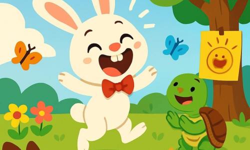 Léo, un petit lapin blanc aux grandes oreilles et aux yeux pétillants, est au centre de la scène, sautillant avec un grand sourire. Il porte un nœud papillon rouge. À ses côtés, Tina, une tortue verte à la carapace brillante, applaudit avec fierté. La scène se déroule dans une clairière ensoleillée, entourée de fleurs colorées et de papillons. Un grand arbre majestueux abrite une affiche annonçant le concours. Léo fait un spectacle comique, racontant des blagues et faisant des grimaces, tandis que les autres animaux de la forêt, rassemblés autour, rient, créant une ambiance joyeuse et festive.