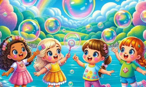 Quatre petites filles de cinq ans, Léa, Zoé, Mila et Chloé, se tiennent au bord d'un lac à bulles. Léa, avec des cheveux bouclés et une robe rose à paillettes, agite une baguette scintillante. Zoé, aux cheveux blonds tressés, porte une robe jaune à motifs floraux et pointe les bulles géantes. Mila, avec des cheveux bruns et une couronne de fleurs, touche une bulle, émerveillée. Chloé, aux cheveux roux et en t-shirt vert, saute de joie, les bras levés. Le lac est entouré d'une forêt magique avec des arbres colorés et des feuilles brillantes. Des bulles géantes flottent, créant des reflets arc-en-ciel sur l'eau, sous un ciel bleu parsemé de nuages en forme de bonbons. Les quatre amies s'apprêtent à sauter dans le lac, prêtes pour une aventure fantastique.