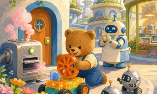 Petit Ours, petit ours en peluche rond et brun clair au sourire joyeux, tient une grande roue orange qu’il installe sur une voiture en blocs lumineux devant une porte; une imprimante à pièces métallique aux bords arrondis souffle de la vapeur rose près du jardin, un robot cuisinier crème et bleu applaudit près de la cuisine vitrée, et deux petits robots jouets argentés roulent en cercle à droite. Lieu : rue large et douce d’une ville futuriste aux maisons rondes avec toits-jardins et panneaux solaires en forme de fleurs, balcons fleuris, ciel pastel et lumière douce. Ambiance chaleureuse et optimiste, texture gouache visible (coups de pinceau, couleurs opaques, bords légèrement flous, papier apparent).