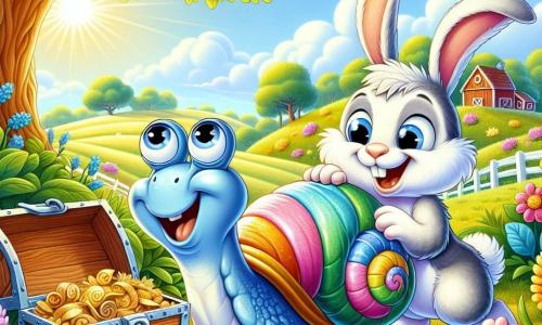 Un escargot coloré nommé Gloubi, avec une coquille brillante aux teintes de bleu, vert, rose et jaune, se tient au centre de l'image, émerveillé et souriant, découvrant un vieux coffre en bois sous un buisson. À côté de lui, un lapin joyeux nommé Benjamin, aux grandes oreilles et à la fourrure blanche, saute de joie, les yeux pétillants d'excitation, en pointant le coffre. En arrière-plan, une ferme ensoleillée se dessine avec des champs verdoyants, des fleurs colorées et un grand chêne majestueux, créant une atmosphère chaleureuse. La scène capture le moment de la découverte du trésor, entourée de rires et d'aventures, avec une ambiance joyeuse.